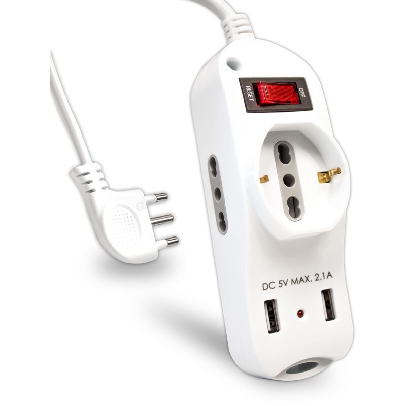 foto del prodotto multipresa elettrica 3 posti 2 usb e interruttore 2 prese laterali 10 16a bipasso e una frontale 10 16a bipasso schuko 2 porte usb ciabatta