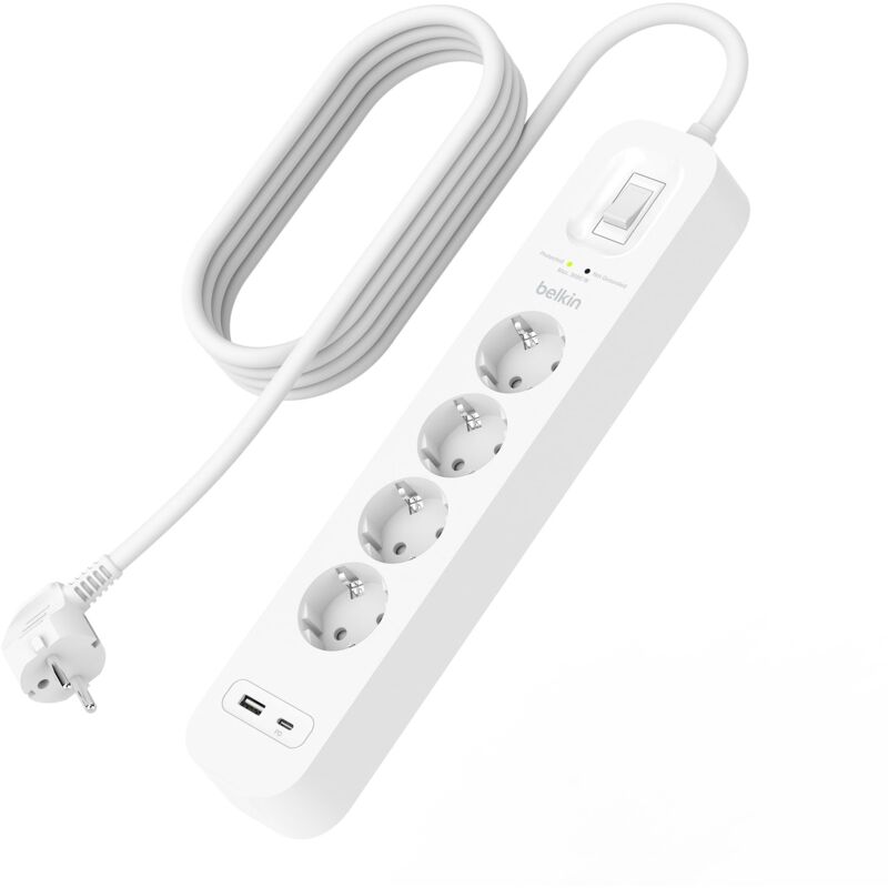 foto del prodotto multipresa montabile a parete con 4 prese ca protette, cavo di alimentazione da 2 m, led di stato, porte usb c e usb a, ricarica rapida usb c pd,