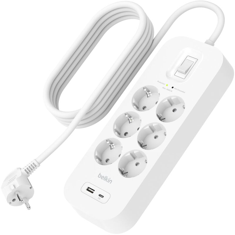 foto del prodotto multipresa montabile a parete con 6 prese ca protette, cavo di alimentazione da 2 m, led di stato, porte usb c e usb a, ricarica rapida usb c pd,