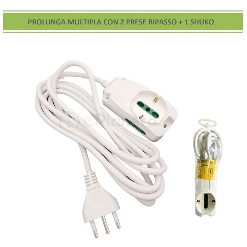 foto del prodotto multipresa prolunga elettrica con 2 prese bipasso 1 schuko 16a 250v ciabatta bianco cavo 3 mt