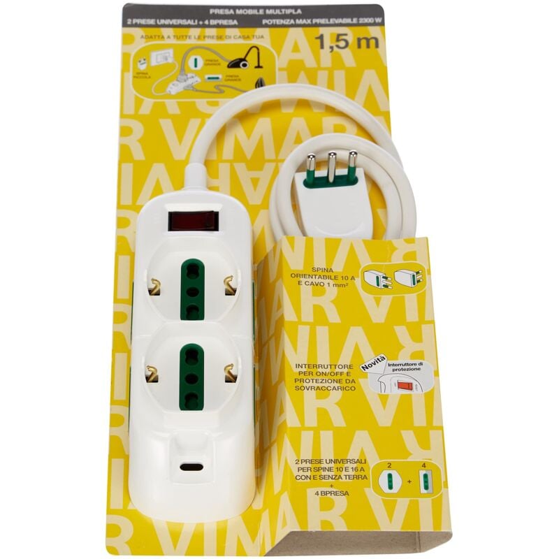 foto del prodotto multipresa universale 2p 43t 10 a 250 con interruttore automatico e spina orientabile colore bianco fp00527.c.b - vimar