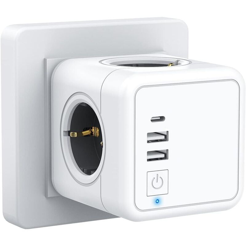 foto del prodotto multipresa usb 7 in 1 con 4 prese ca, tipo c e 2 porte usb 3 a , presa a muro con interruttore, compatibile con telefono, pad per casa, ufficio,