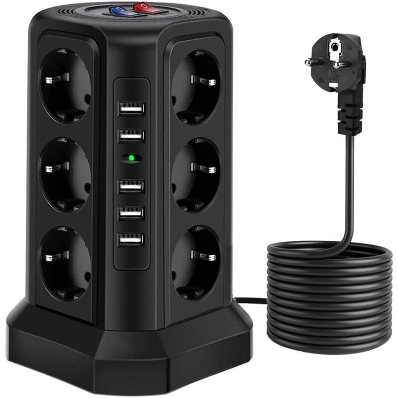 foto del prodotto multipresa verticale a torre con spina ue, 12 prese con 5 interruttori di protezione da sovratensione usb colore nero, dimensioni spina ue ,