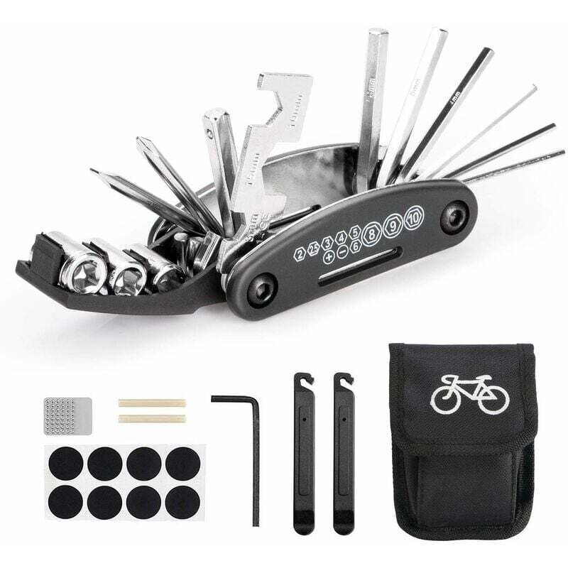 foto del prodotto multiutensile per bici, borsa portautensili portatile 16 in 1 con smagliacatena e leva per toppe per pneumatici, toppa autoadesiva per bici, ecc.