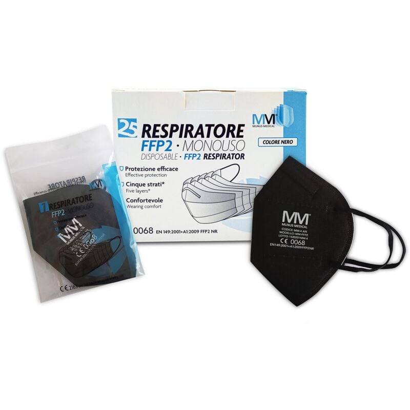 foto del prodotto munus medical filtrazione 100 25 pezzi mascherine monouso ffp2 a 5 strati colore nero certificazione ce dispositivo di protezione individuale