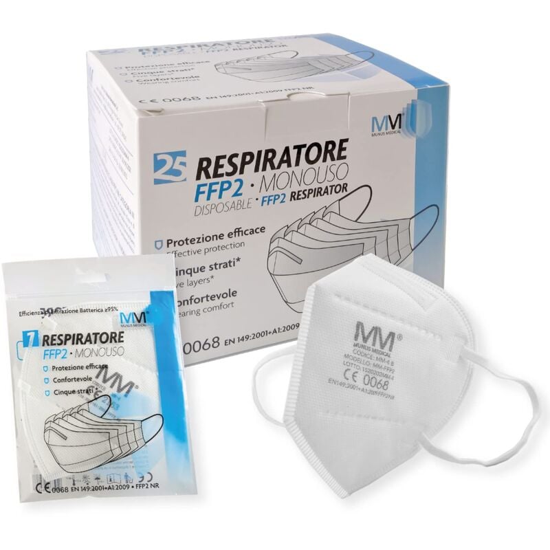 foto del prodotto munus medical filtrazione 100 25 pezzi mascherine monouso ffp2 a 5 strati con certificato ce dispositivo di protezione individuale di classe