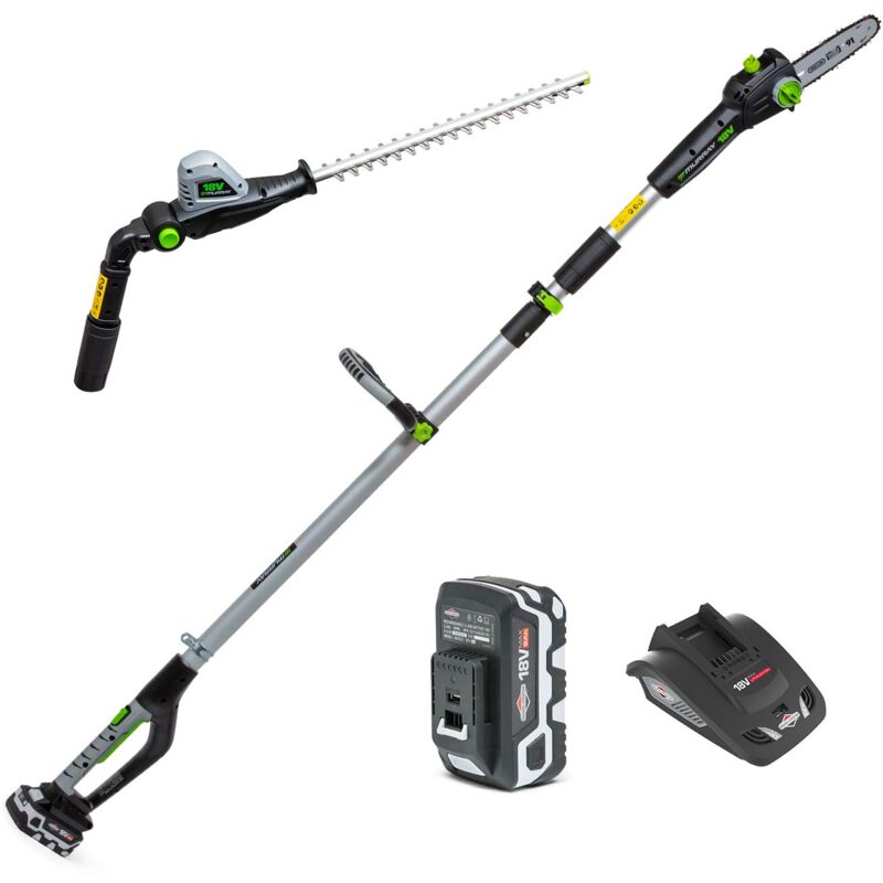 foto del prodotto murray 1688106 iq18pshk potatore telescopico a batteria agli ioni di litio da 18 v, kit 2 in 1 con palo da 20 cm e tagliasiepi da 41 cm, batteria