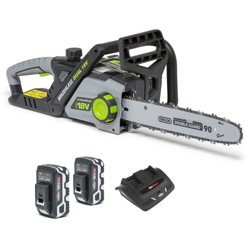 foto del prodotto murray 1697225 kit motosega ioni di litio iq18dcsk dual 18v 36v barra da 35cm, 2 x 5ah batterie e caricabatteria inclusi, motore brushless, 18 v