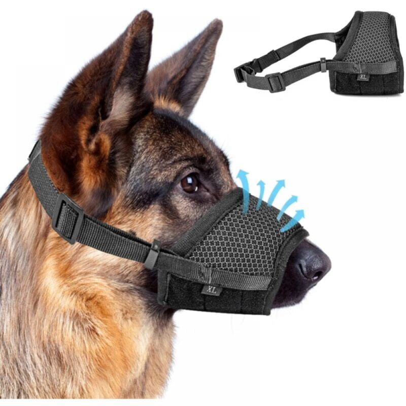 foto del prodotto museruola antiabbaio regolabile in 1 pezzo con anello in rete autoadesivo. museruola antiabbaio regolabile per cani di taglia grande, media e piccola