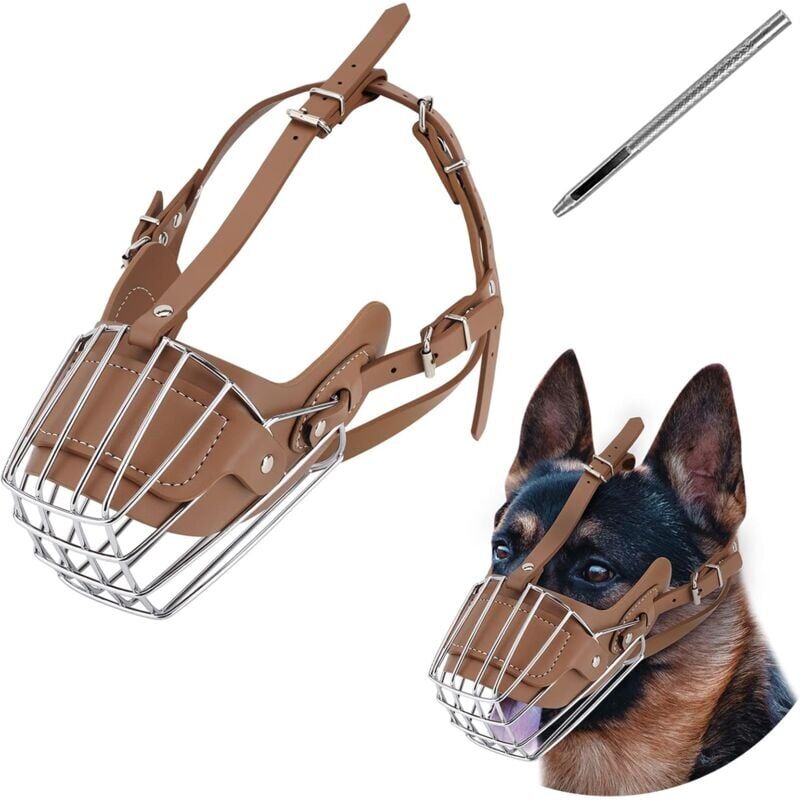 foto del prodotto museruola per cani, cestino in metallo per cani, guinzaglio regolabile in pelle traspirante per cani, adatto per cani di taglia grande e media