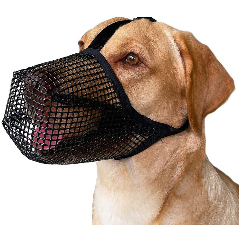 foto del prodotto museruola per cani con cinturino regolabile, museruola a rete morbida per cani di piccola e media taglia nero , m 