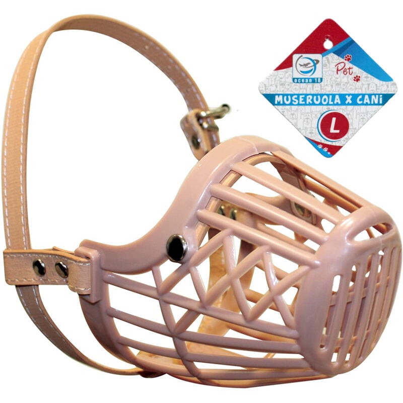 foto del prodotto museruola per cani in plastica antistress con cinturino in cuoio diametro 8 cm