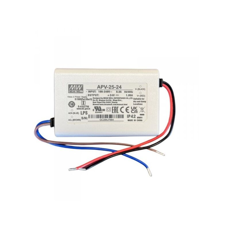 foto del prodotto mw mean well apv 25 24 alimentatore 25w 24v 1,05a ip30 input 220v e 110v