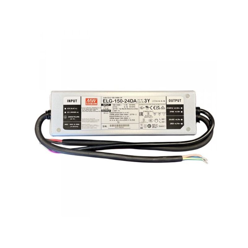 foto del prodotto mw mean well elg 150 24da 3y alimentatore dimmerabile dali ip67 150w 24v 6,25a input 220v e 110v