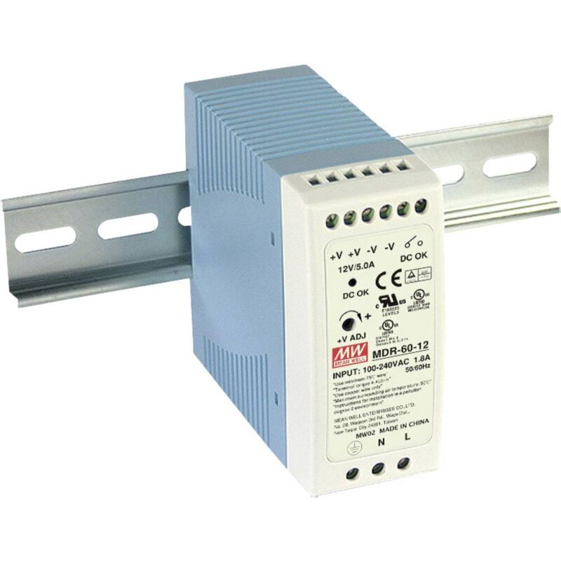 foto del prodotto mw mean well mdr 60 24 alimentatore per guida din 24 v dc 2.5 a 60 w num. uscite 1 x contenuto 1 pz.