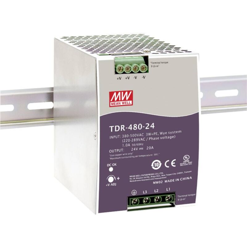 foto del prodotto mw mean well tdr 480 24 alimentatore dc dc per guida din 20 a 480 w num. uscite 1 x contenuto 1 pz.
