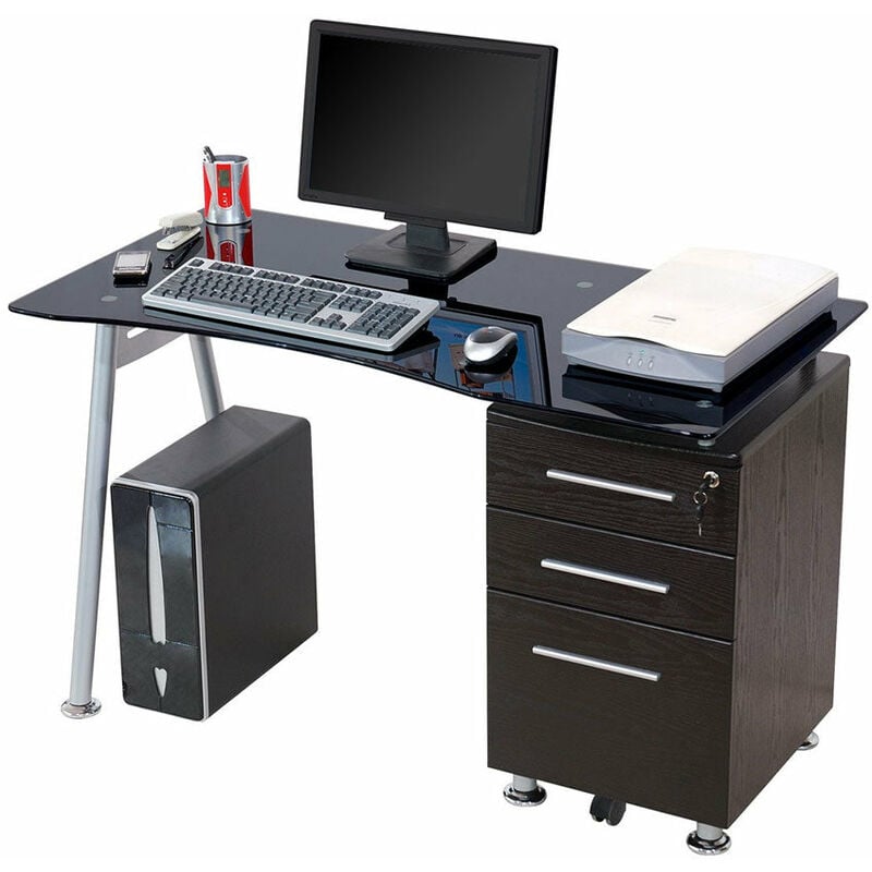 foto del prodotto myoffice scrivania 120x60xh75 cm in vetro con cassettiera record nera
