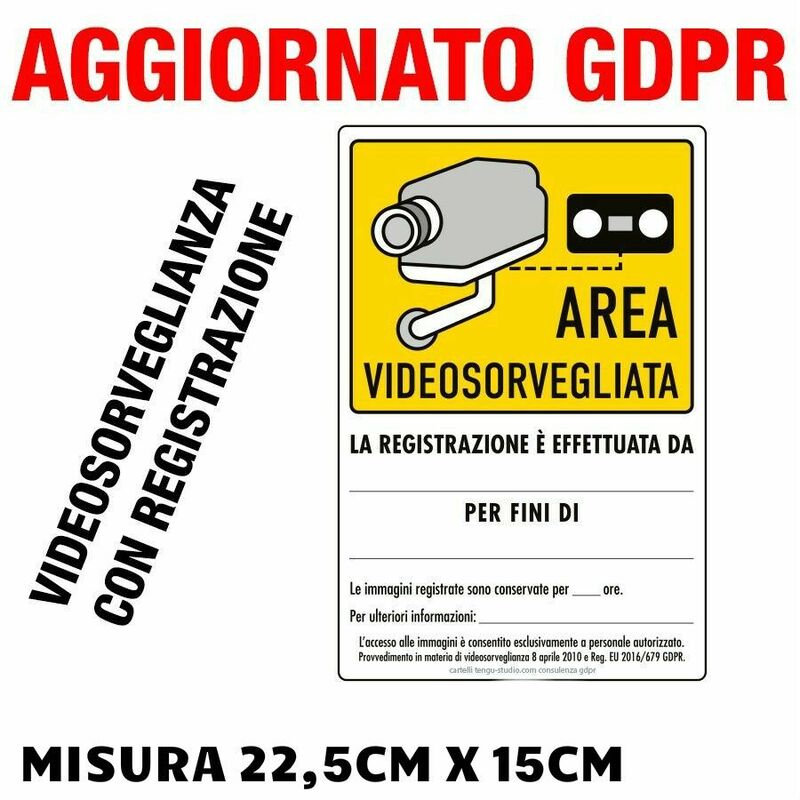 foto del prodotto n 2 cartelli adesivi area videosorvegliata aggiornato gdpr ue 2016 679 misura 21cm x 30cm, modello immagini registrate