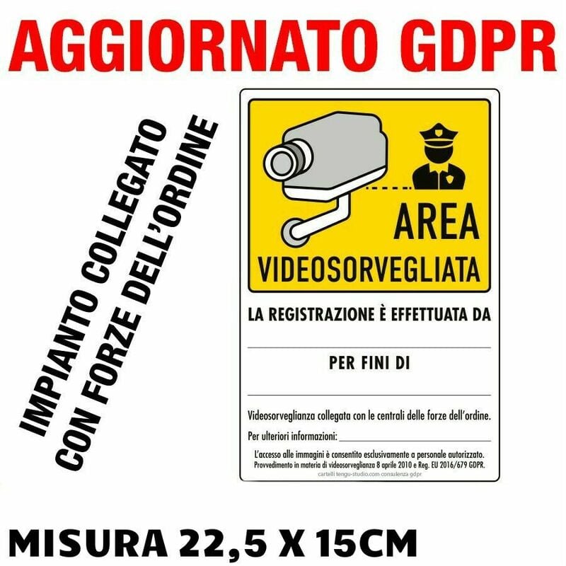 foto del prodotto n 2 cartelli adesivi area videosorvegliata aggiornato gdpr ue 2016 679 misura 21cm x 30cm, modello modello forze dell ordine
