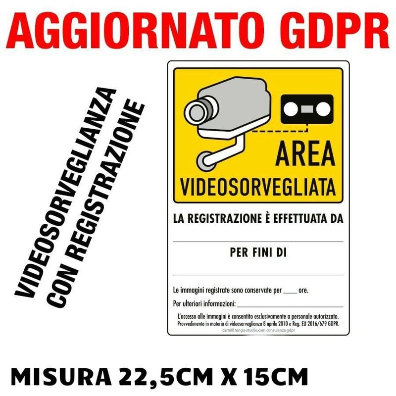 foto del prodotto n 2 cartelli adesivi area videosorvegliata aggiornato gdpr ue 2016 679 misura 22,5cm x 15cm, modello immagini registrate