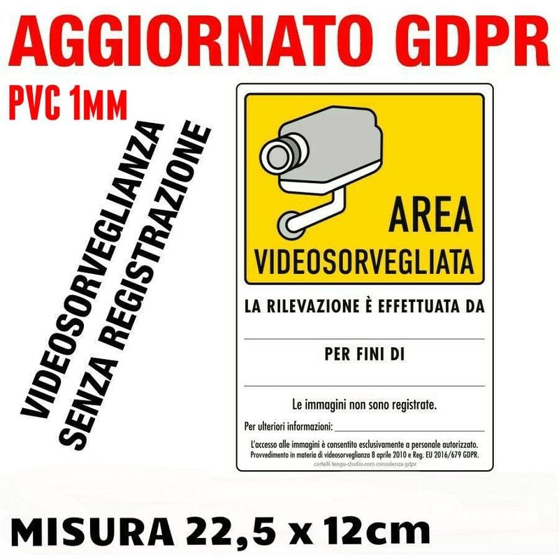 foto del prodotto n 2 cartelli in pvc plastificato area videosorvegliata 15 x 22,5 cm aggiornato gdpr ue 2016 679