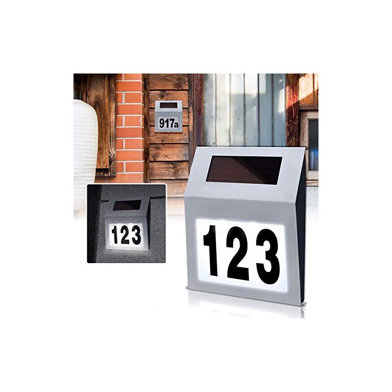 foto del prodotto naizy numero civico solare a led in acciaio inox illuminato con 2 numeri civici a led, interruttore crepuscolare e pannello solare in silicio