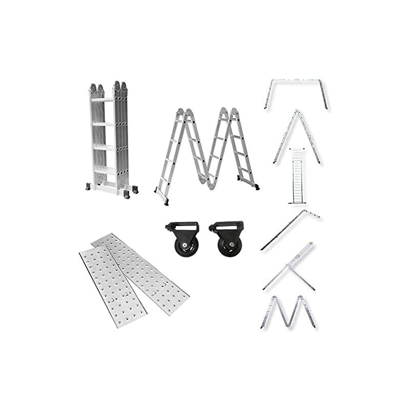 foto del prodotto naizy scala multiuso 470 cm, scala multifunzionale 6 in 1 in alluminio, scala pieghevole con 2 ruote e piattaforma, scala multiuso pieghevole 4 x 4