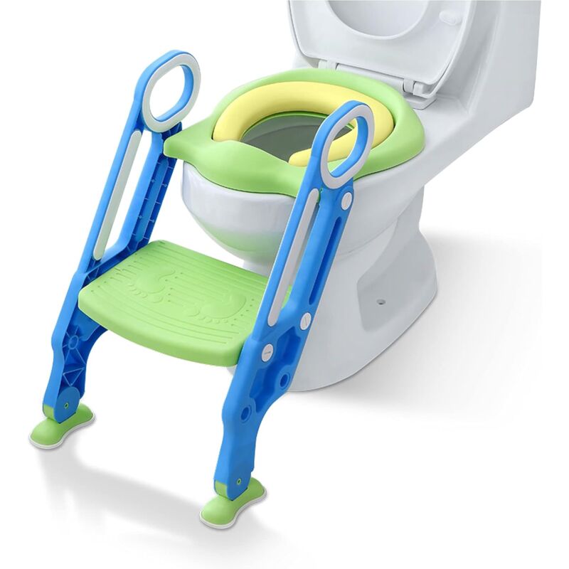 foto del prodotto naizy sedile wc per bambini con scale vasino pieghevole e regolabile in altezza, con cuscino imbottito in pu e manici vasino blu e verde