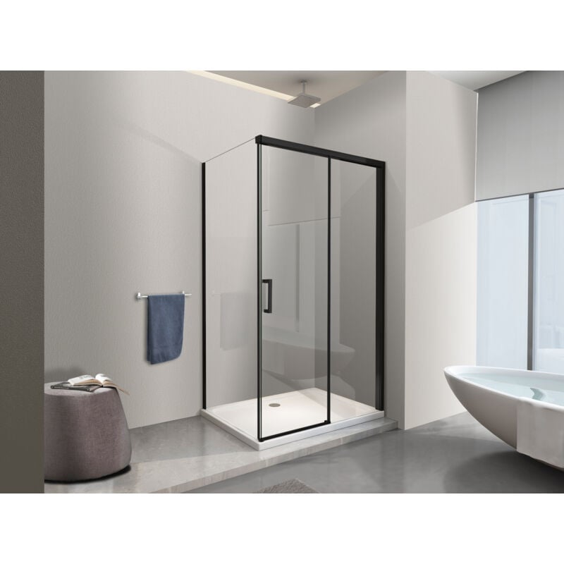 foto del prodotto nala doccia con parete fissa laterale e porta frontale con chiusura soft close ammortizzata h200 8mm telaio nero opaco cm 120 118 120 x130 127 130 