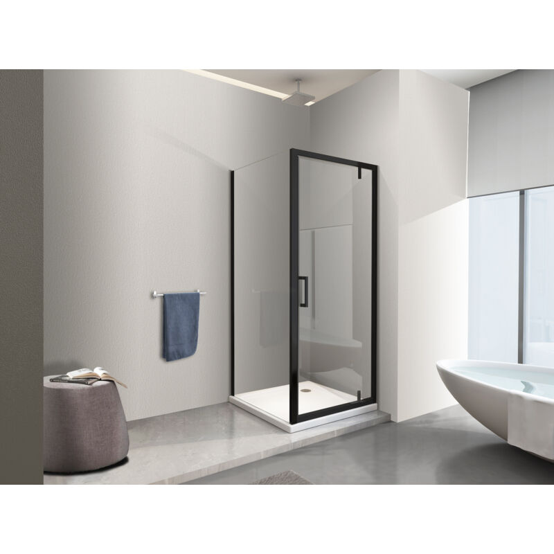 foto del prodotto nala doccia con parete fissa laterale e porta rototraslante con perni asimmetrici vetro 8 mm nero opaco 70 68 70 fissa x porta 70 67 70 