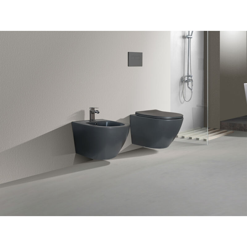 foto del prodotto nala new bent grey set coppia sanitari sospesi rimless senza brida , grigio opaco , coprovaso soft close incluso