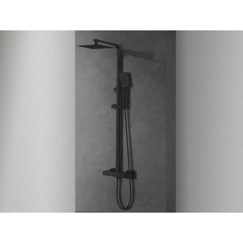 foto del prodotto nala set colonna doccia termostatica in acciaio nero opaco , completa di soffione slim doccino e flessibile, canna regolabile in altezza