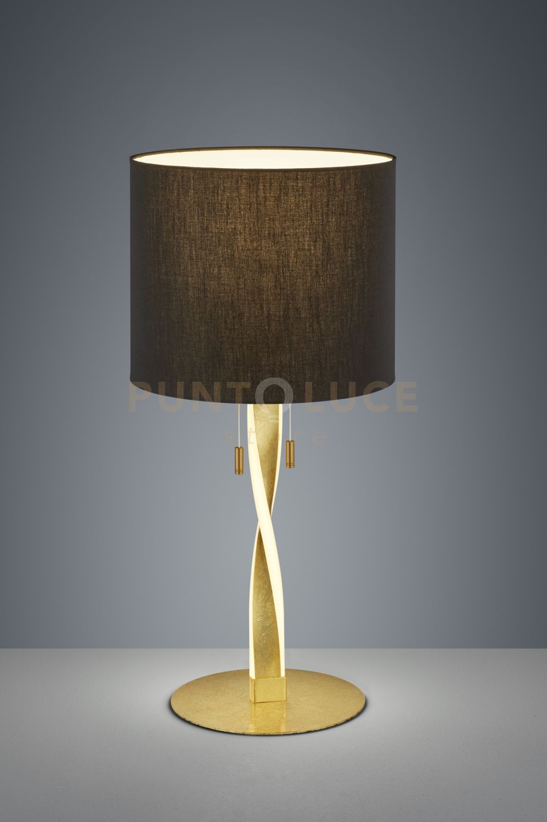 foto del prodotto nandor lampada da tavolo con paralume nero e asta elicoidale illuminata led foglia oro con interruttori separati h.62cm attacco e27 led 6w 600lm, 3000k