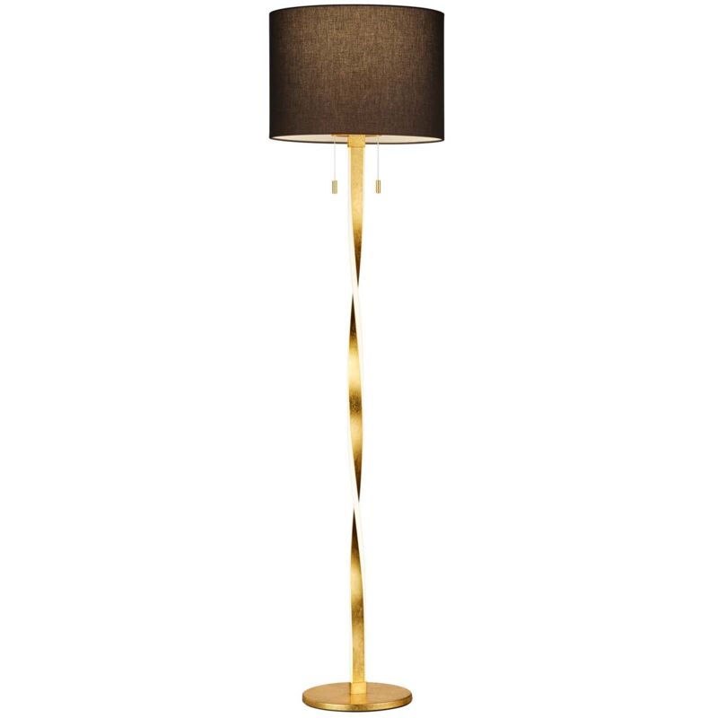 foto del prodotto nandor piantana con paralume nero e asta elicoidale illuminata led foglia oro con interruttori separati h.162cm
