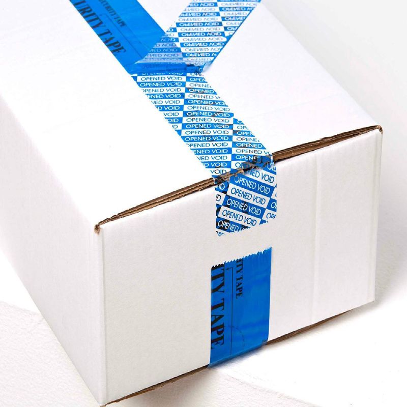 foto del prodotto nastro adesivo anti manomissione colore blu che lascia scritta se rimosso misura 48mm 4,8cm x 50 metri