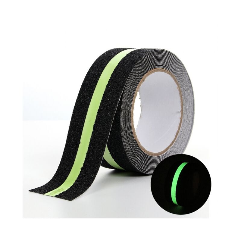 foto del prodotto nastro adesivo antiscivolo da 1 pezzo 5 m x 5 cm con pellicola luminosa che si illumina al buio, nastro di sicurezza per scale, scale, pavimenti