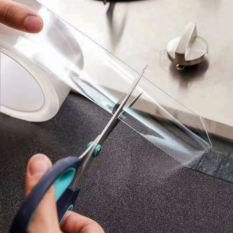 foto del prodotto nastro adesivo impermeabile acrilico, nastro decorativo antimuffa per cucina e bagno lungo. 5m 3cm trasparente
