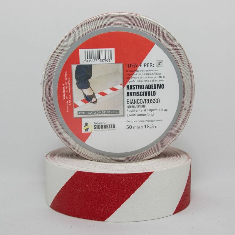 foto del prodotto nastro antiscivolo adesivo certificato a coste bianco rosso da 50mm packaging 50 mm x 18,3 mt 1 rotolo 