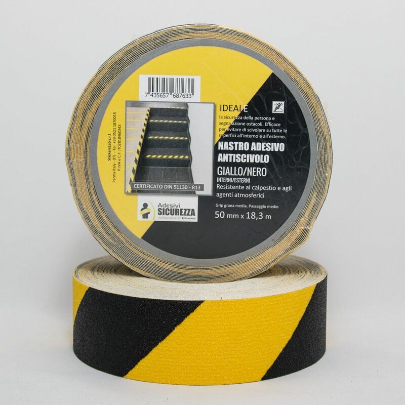 foto del prodotto nastro antiscivolo adesivo certificato a coste giallo nero da 50mm packaging 50 mm x 18,3 mt 1 rotolo 