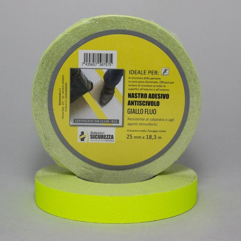 foto del prodotto nastro antiscivolo adesivo certificato fluorescente giallo in varie misure packaging 25 mm x 18,3 mt 1 rotolo 