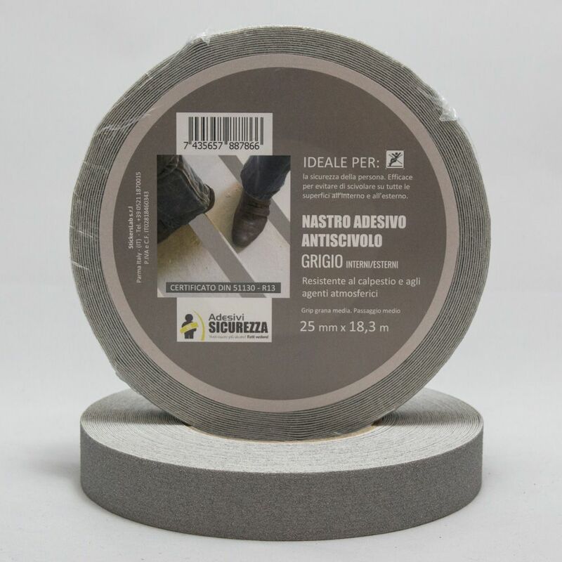 foto del prodotto nastro antiscivolo adesivo certificato grigio in varie misure packaging 25 mm x 18,3 mt 1 rotolo 