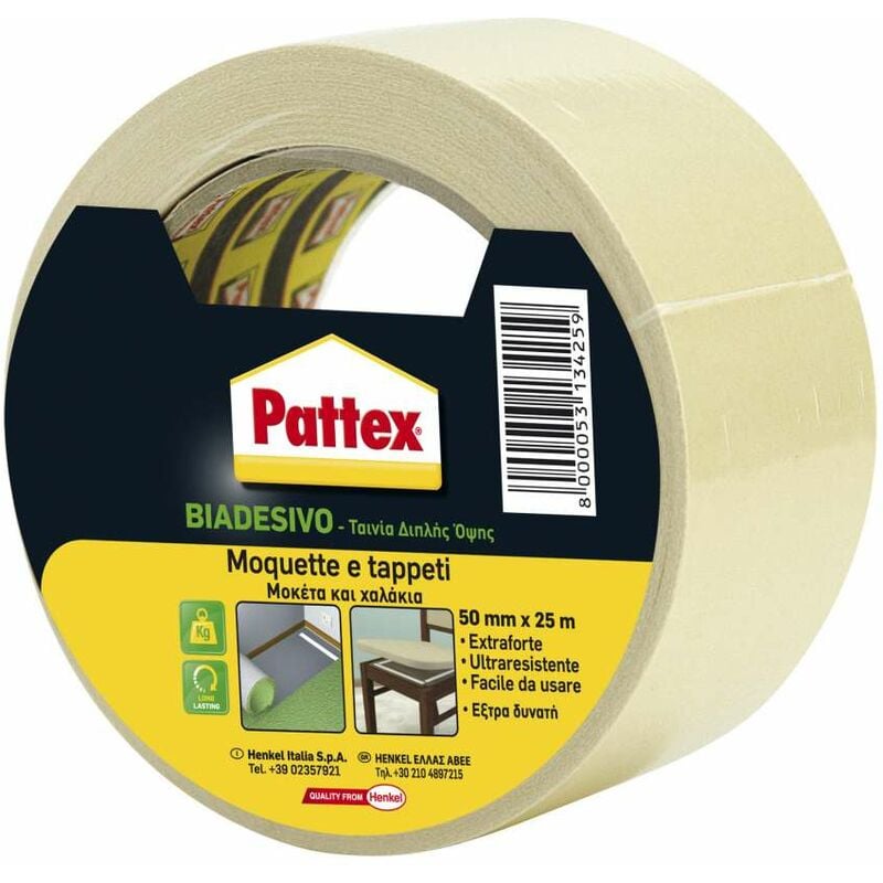 foto del prodotto nastro biadesivo, nastro per moquettes, tappeti e altre pavimentazioni, potere adesivo, 50 mm x 25 m pattex