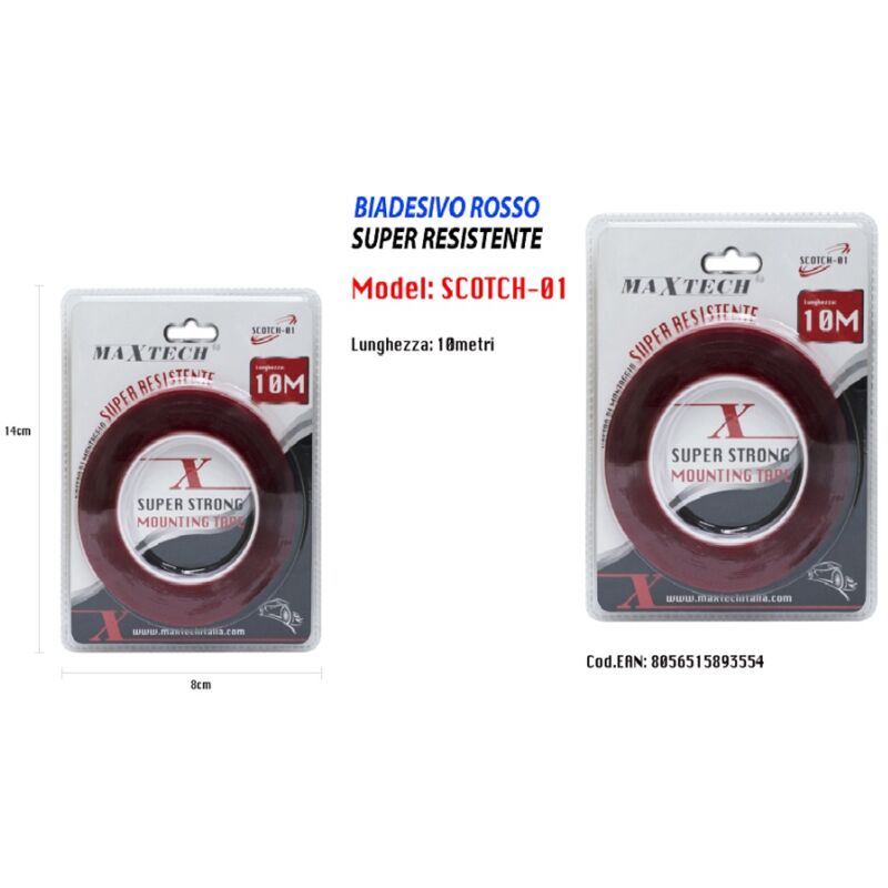 foto del prodotto nastro biadesivo rosso super resistente adesivo 10mt fissaggio maxtech