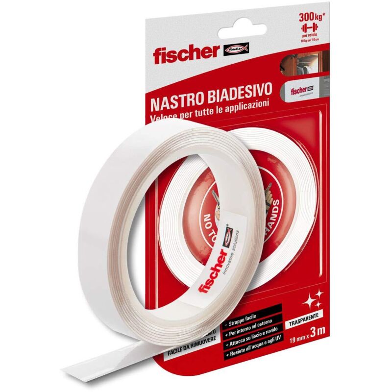 foto del prodotto nastro biadesivo trasparente. strappo facile e preciso. resistente fino a 10kg con soli 10cm di nastro
