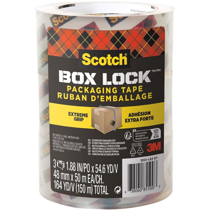 foto del prodotto nastro da imballo box lock 3 rotoli, 48 mm x 50 m nastro adesivo per chiudere scatole, cartoni e pacchi scotch