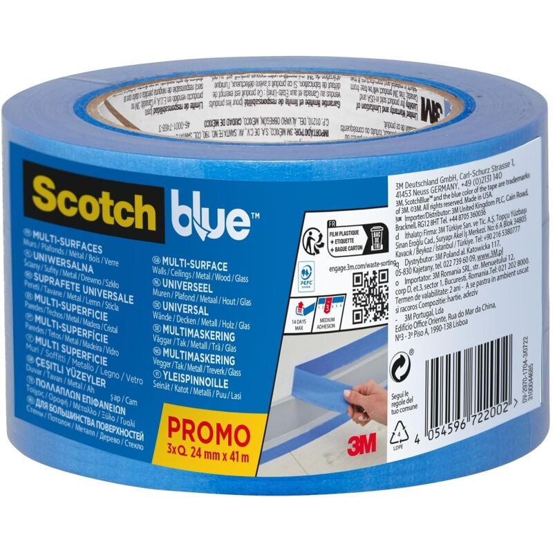 foto del prodotto nastro di mascheratura multi-superficie, 24 mm x 41 m, 3 rotoli confezione, nastro adesivo multiuso scotch per lavori di pittura e decorazione, 70