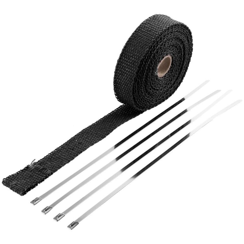 foto del prodotto nastro isolante per tubi di scarico in lega di titanio, 5 m x 2,5 cm, collettore di scarico, acciaio inossidabile nero, con 4 fascette, nero
