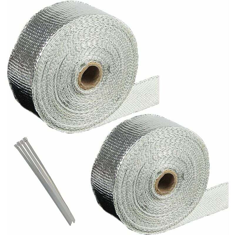 foto del prodotto nastro isolante termico in alluminio e titanio per scarico, 2 rotoli, 10 m 5 m, 4 morsetti autobloccanti per collettore di scarico per moto e auto