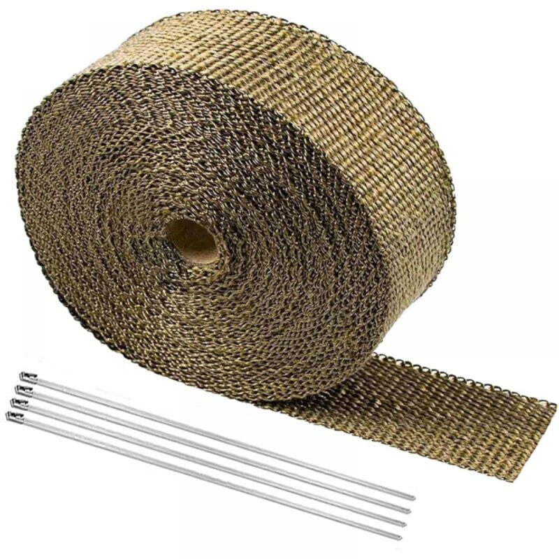 foto del prodotto nastro isolante termico in lega di titanio da 5 m x 2,5 cm per tubo di scarico, collettore di scarico, acciaio inossidabile nero con 4 fascette,