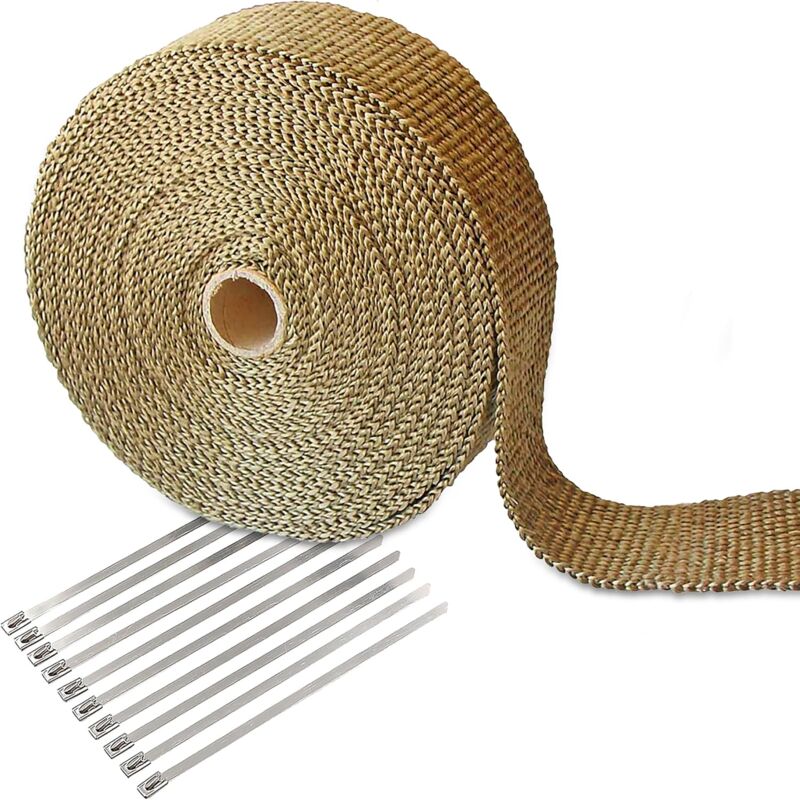 foto del prodotto nastro isolante termico per scarico, 15 m x 5 cm, con 10 fascette in acciaio inossidabile, per moto e auto, ad alta resistenza. sollbry